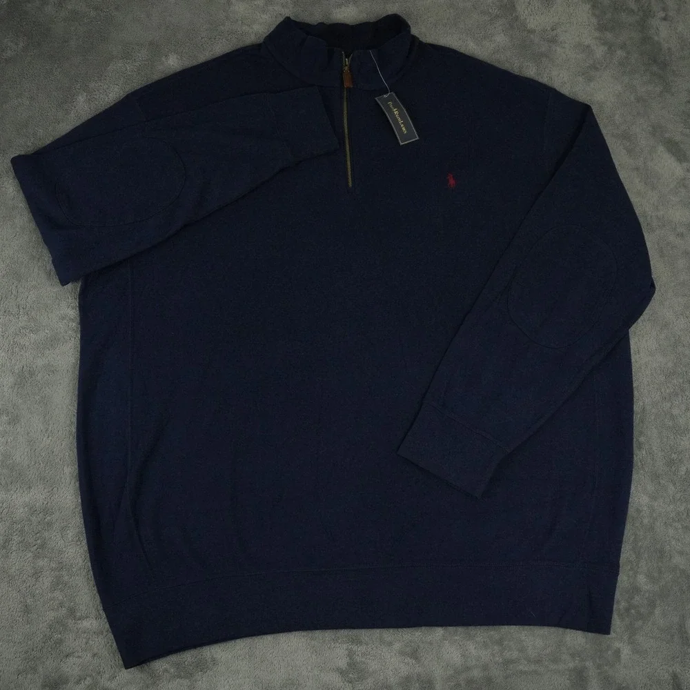 Polo Ralph Lauren Pullover Sweater Mens 3XLT Navy Blue 1/4 Zip Elbow Patch NWT